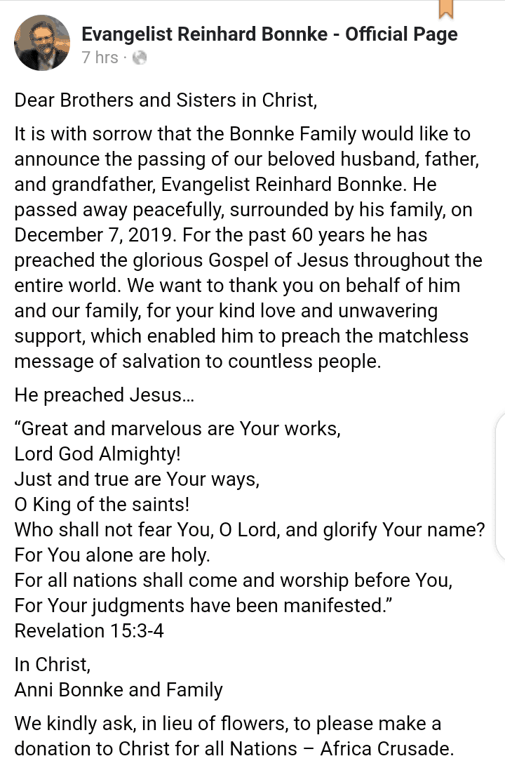 Reinhard Bonnke Facebook Page